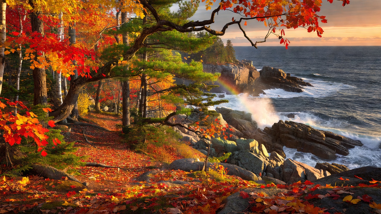 Autumn woodland beside Acadia National Park's rocky Atlantic coast