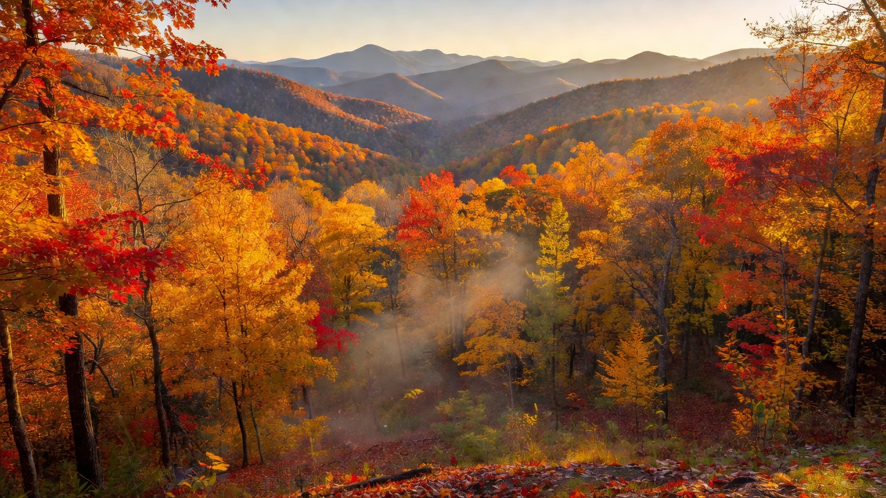 Blue Ridge mountain forest glowing with orange and red autumn colour