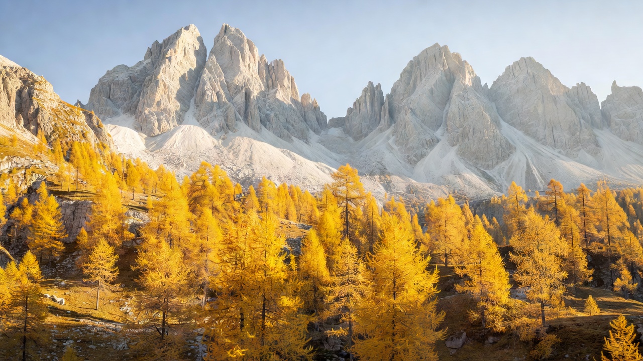 Golden larch trees beneath rugged pale limestone peaks in the Dolomites