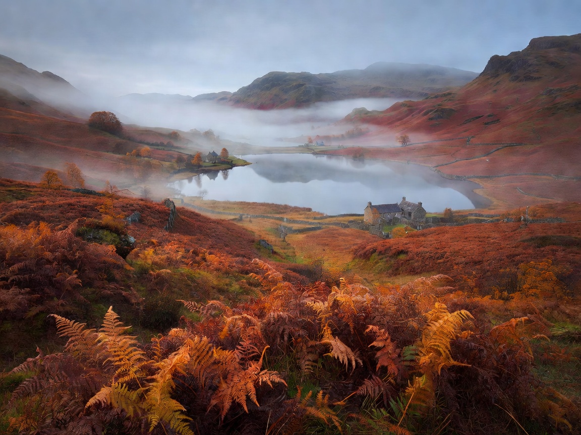 Misty Lake District valley with copper autumn bracken