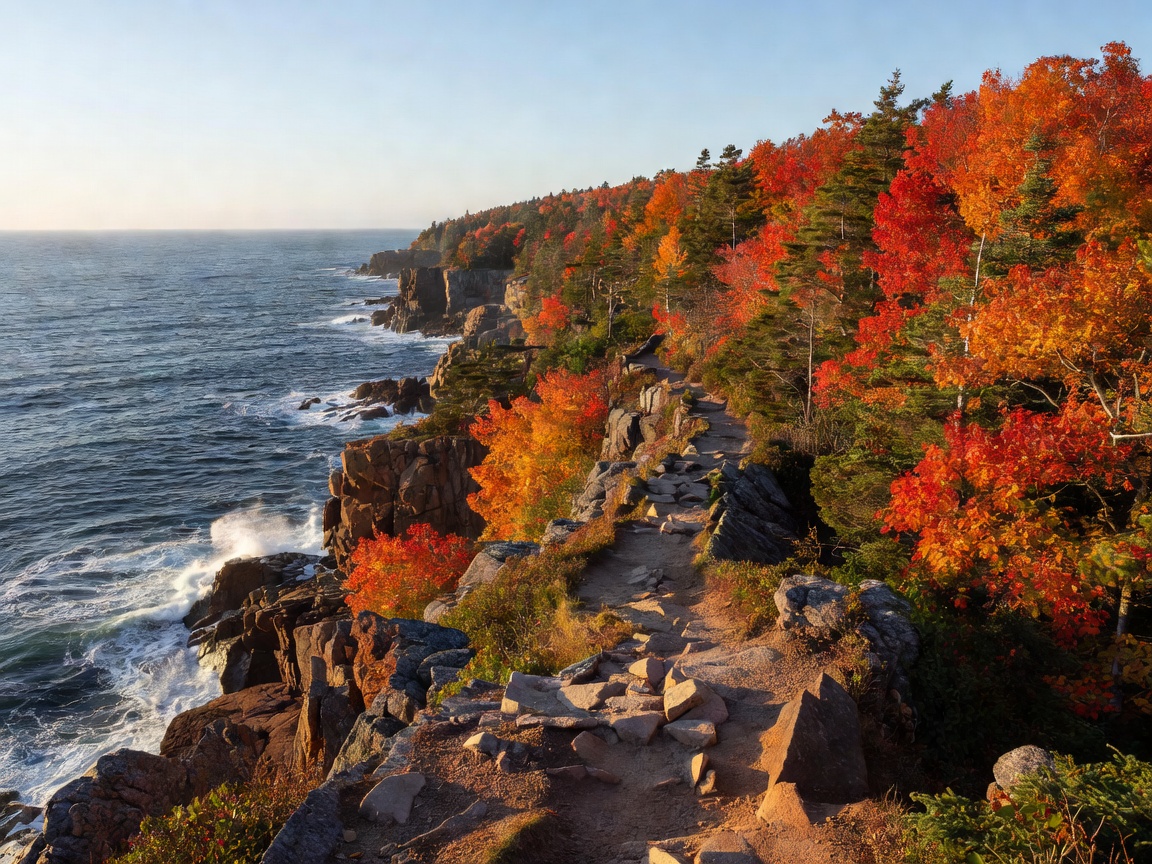 Rocky coastal trail and autumn trees in Acadia