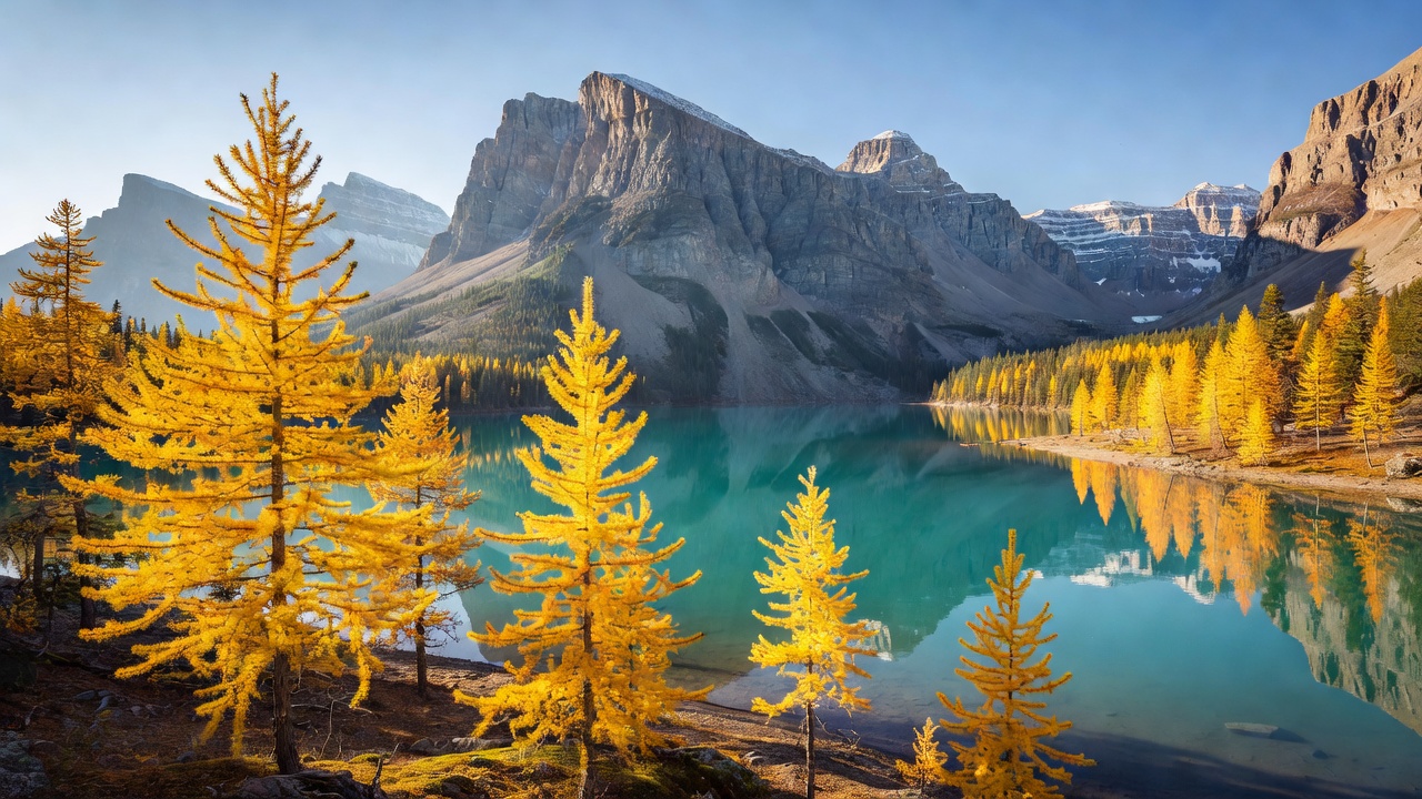 Yellow larches beside a turquoise mountain lake in Banff National Park